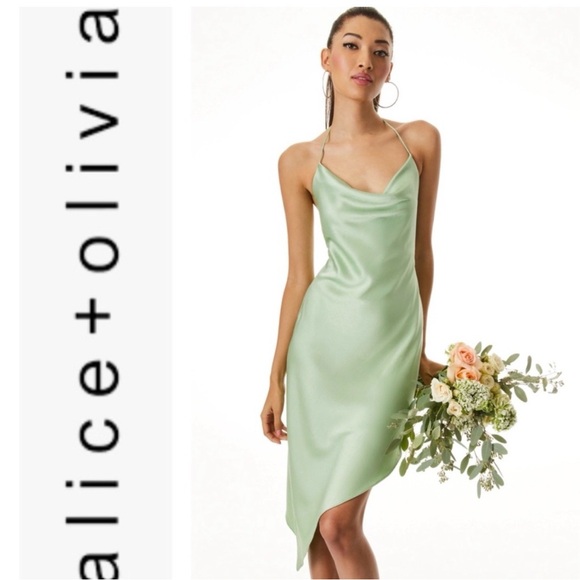Alice + Olivia Dresses & Skirts - Alice + Olivia Harmony Drapey Asymmetrical Midi Cowl Slip Dress in Light Sage